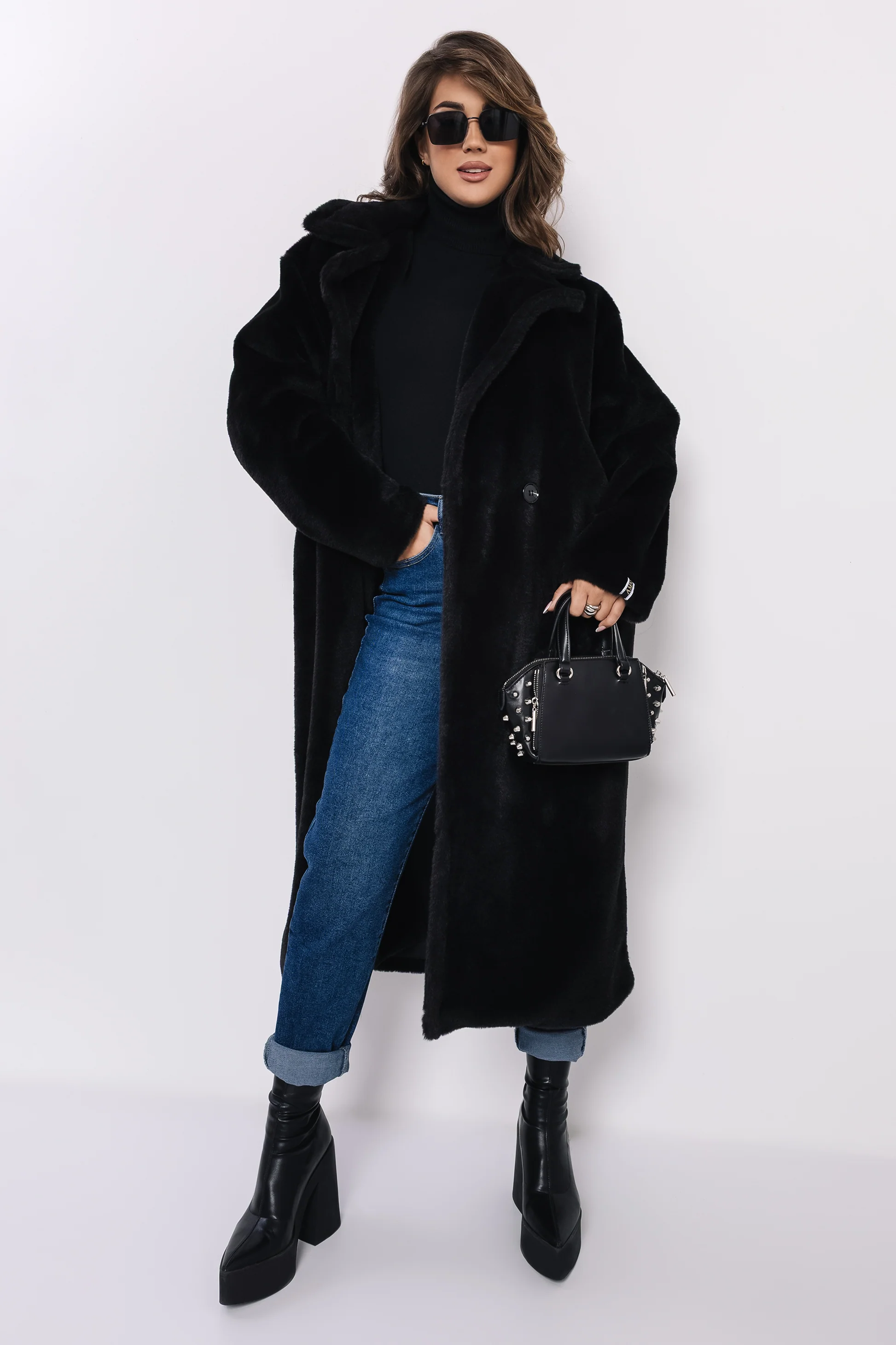 AMNESIA Floris szörme hosszú kabát/fekete