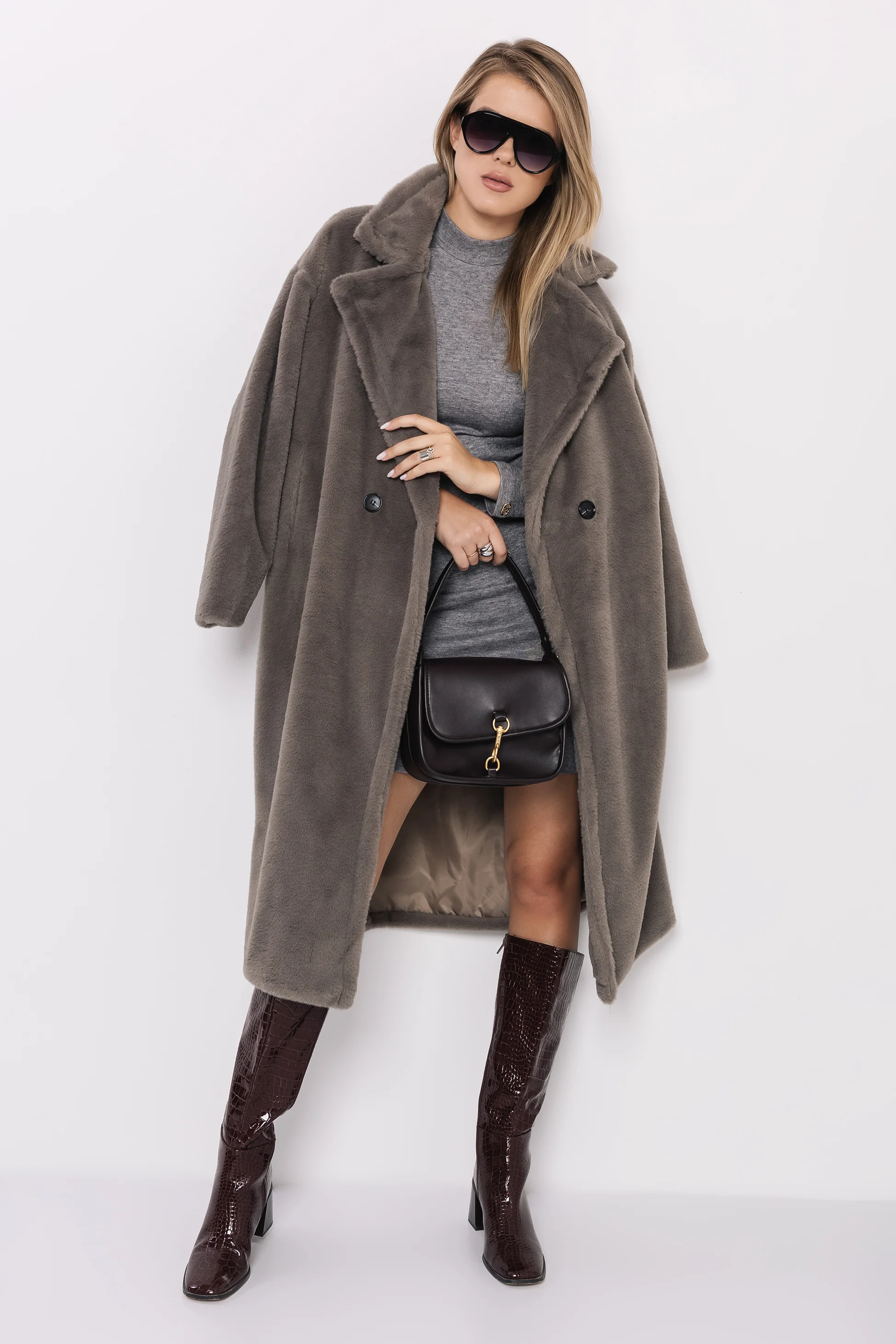 AMNESIA Floris szörme hosszú kabát/szürke