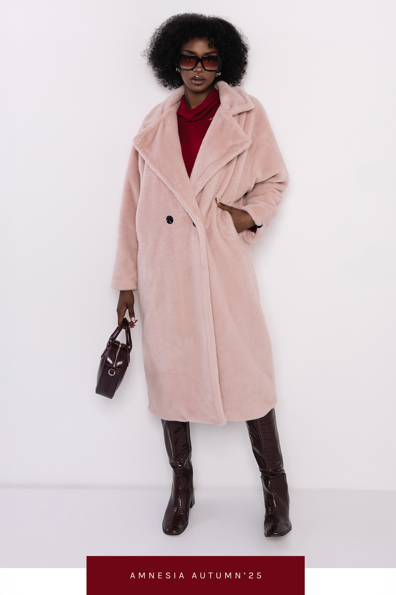 AMNESIA Floris szörme hosszú kabát/púder